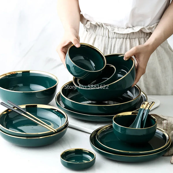 Green Ceramic Gold Inlay Plates and Bowls