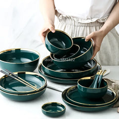 Green Ceramic Gold Inlay Plates and Bowls